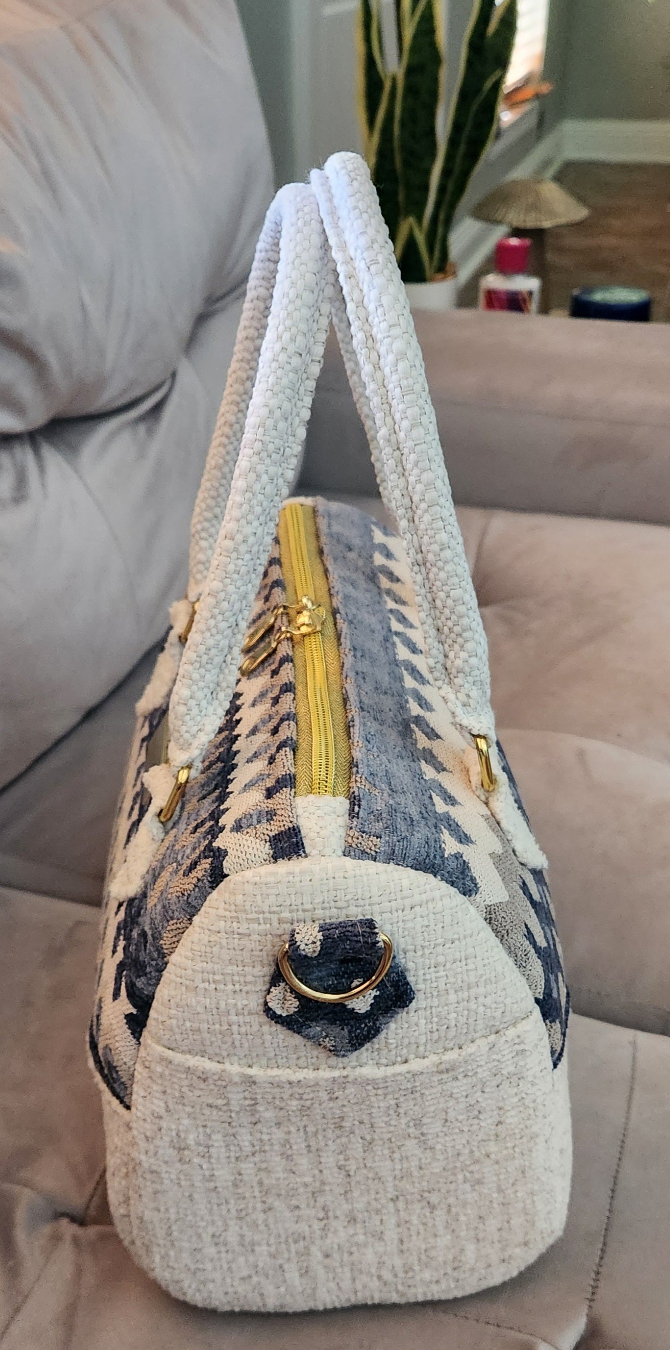 White and Blue Barrel Bag