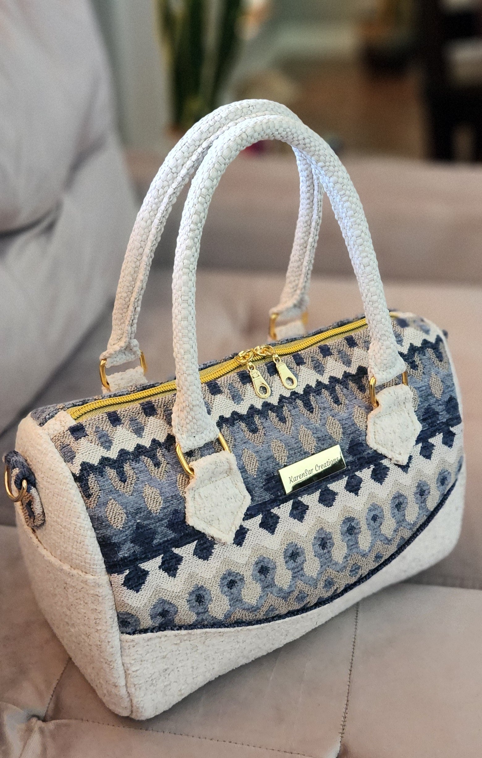 White and Blue Barrel Bag