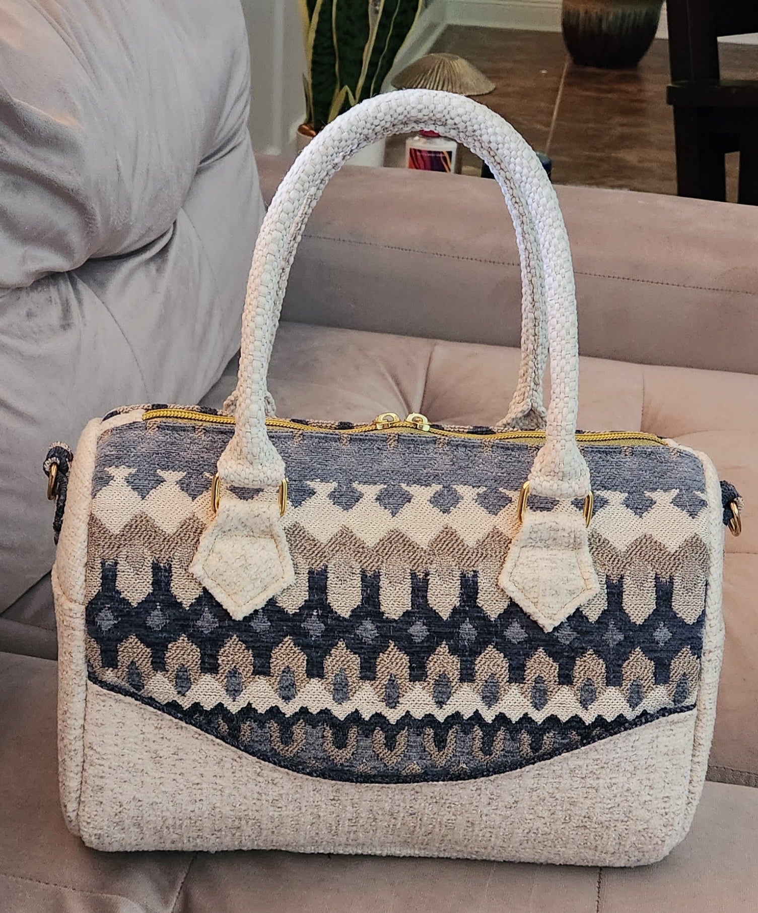 White and Blue Barrel Bag