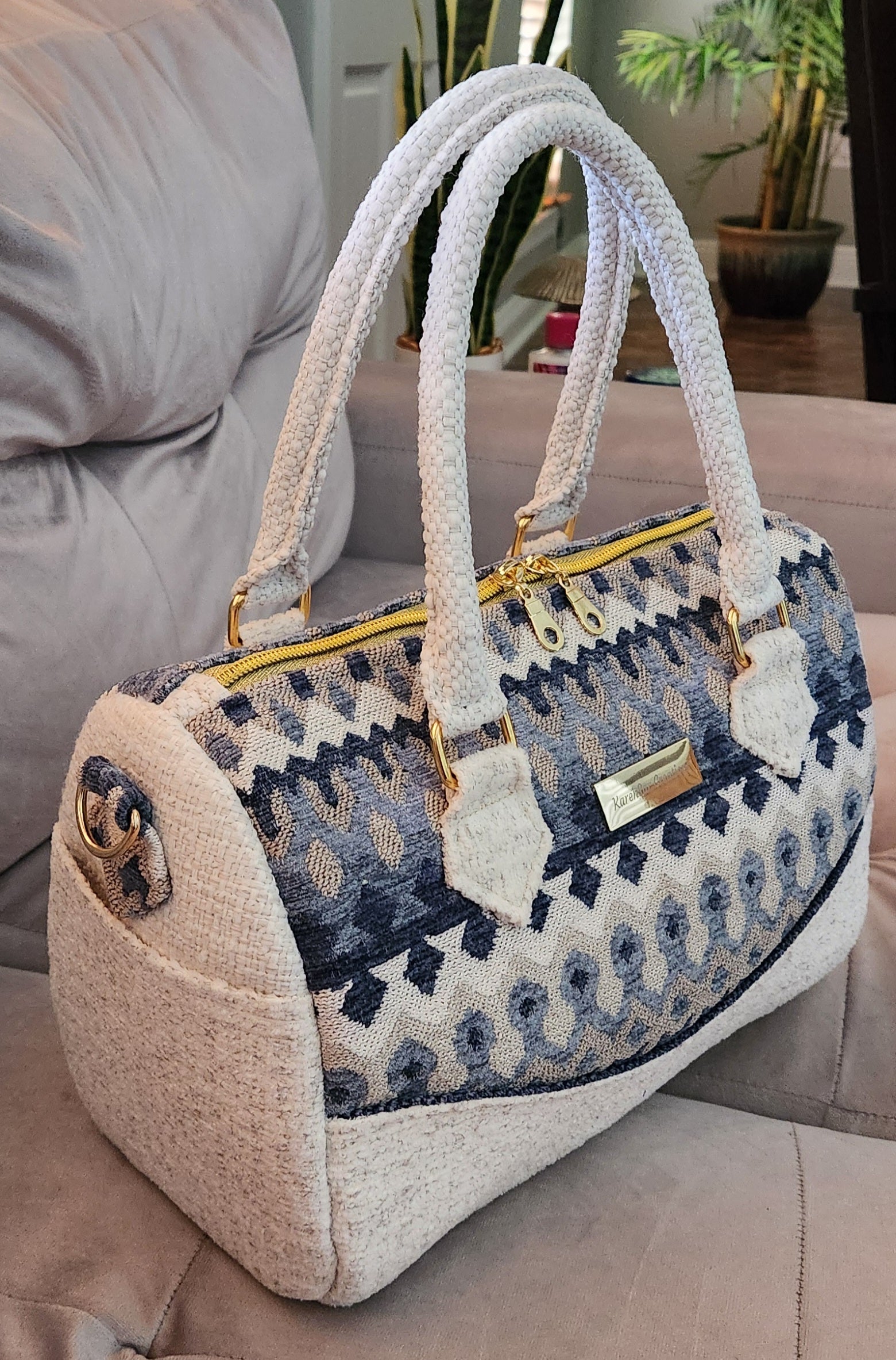 White and Blue Barrel Bag